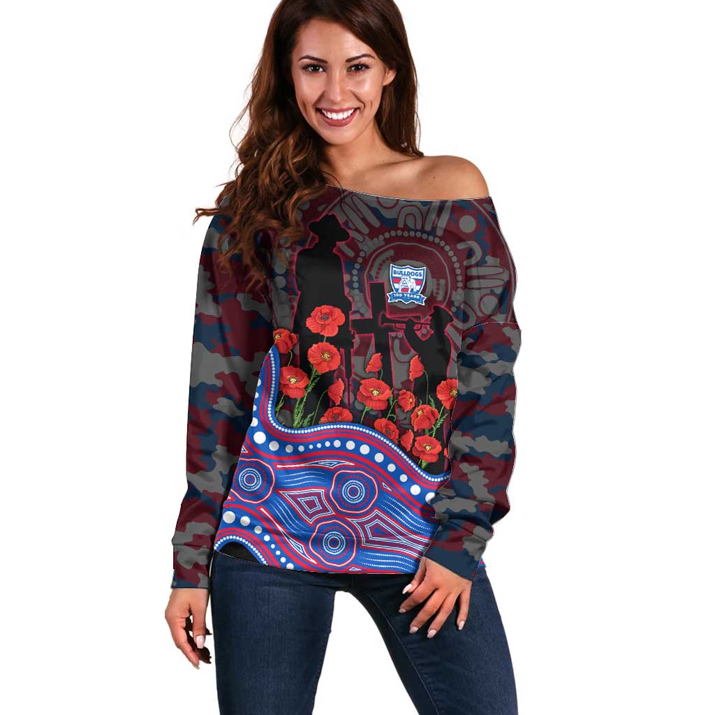 Western Bulldogs ANZAC Day Off Shoulder Sweater Indigenous Dot Art with Poppy Flower Tribute
