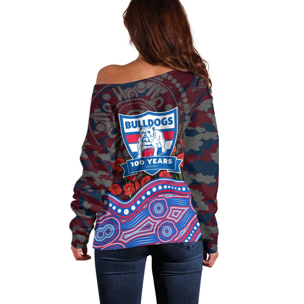 Western Bulldogs ANZAC Day Off Shoulder Sweater Indigenous Dot Art with Poppy Flower Tribute