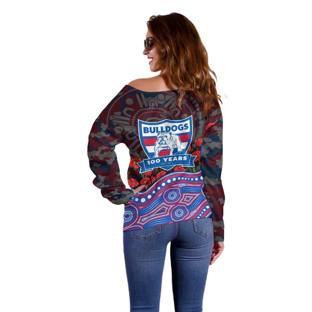 Western Bulldogs ANZAC Day Off Shoulder Sweater Indigenous Dot Art with Poppy Flower Tribute