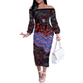 Western Bulldogs ANZAC Day Off The Shoulder Long Sleeve Dress Indigenous Dot Art with Poppy Flower Tribute
