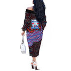 Western Bulldogs ANZAC Day Off The Shoulder Long Sleeve Dress Indigenous Dot Art with Poppy Flower Tribute