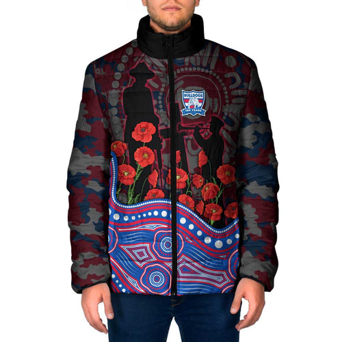 Western Bulldogs ANZAC Day Padded Jacket Indigenous Dot Art with Poppy Flower Tribute