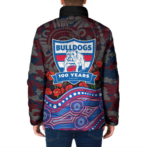Western Bulldogs ANZAC Day Padded Jacket Indigenous Dot Art with Poppy Flower Tribute