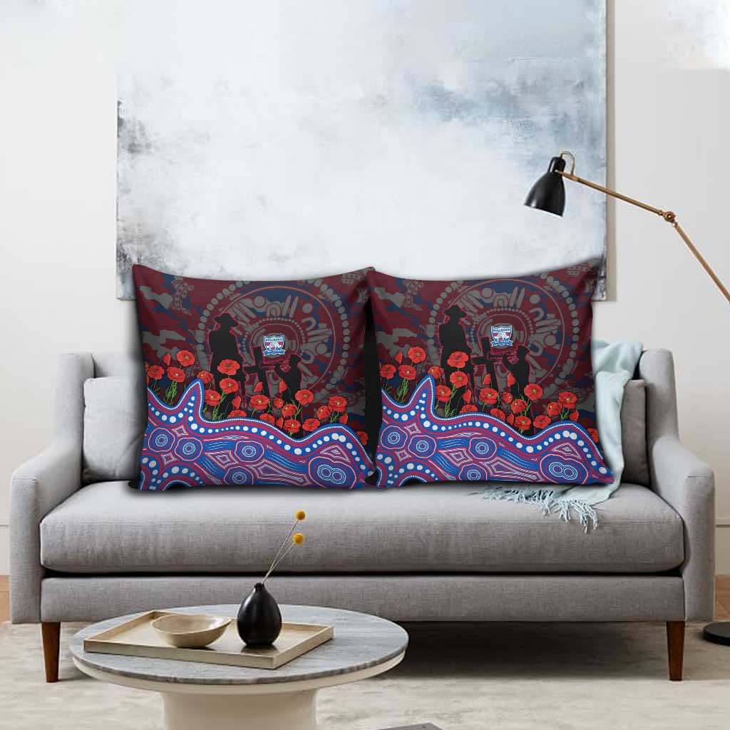 Western Bulldogs ANZAC Day Pillow Cover Indigenous Dot Art with Poppy Flower Tribute