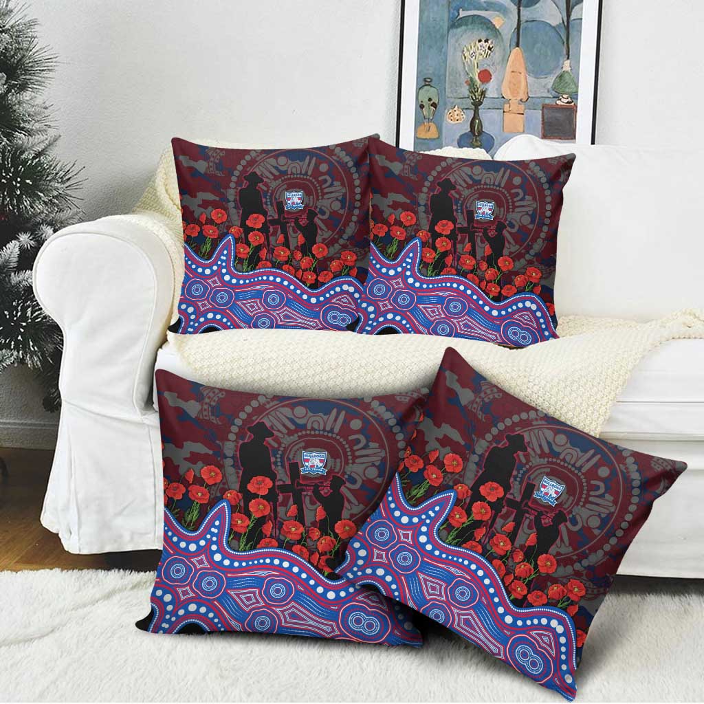 Western Bulldogs ANZAC Day Pillow Cover Indigenous Dot Art with Poppy Flower Tribute