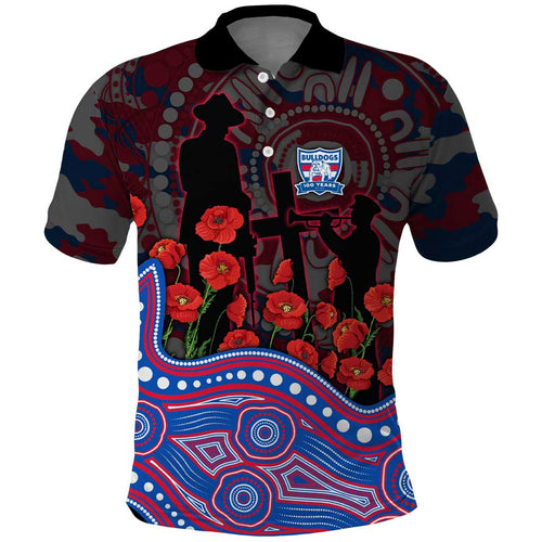 Western Bulldogs ANZAC Day Polo Shirt Indigenous Dot Art with Poppy Flower Tribute