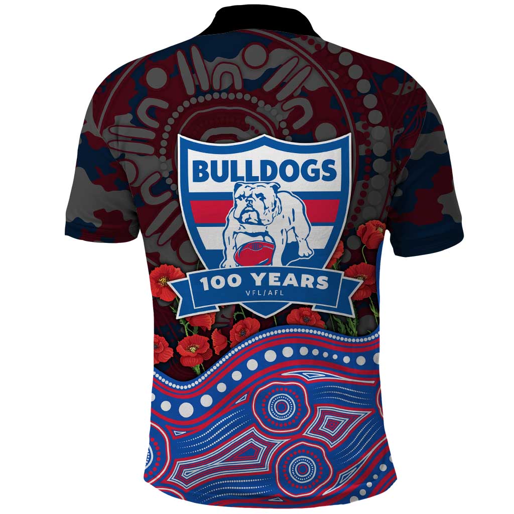 Western Bulldogs ANZAC Day Polo Shirt Indigenous Dot Art with Poppy Flower Tribute