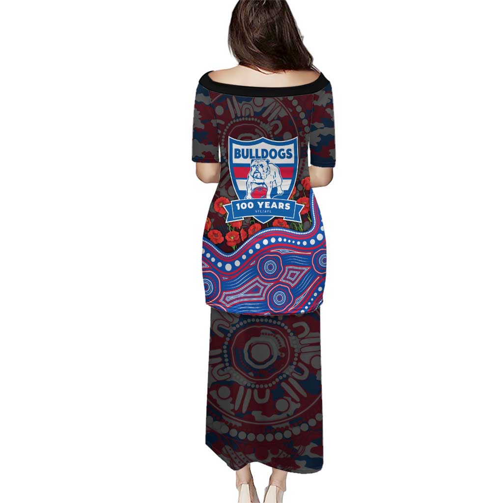 Western Bulldogs ANZAC Day Puletasi Indigenous Dot Art with Poppy Flower Tribute