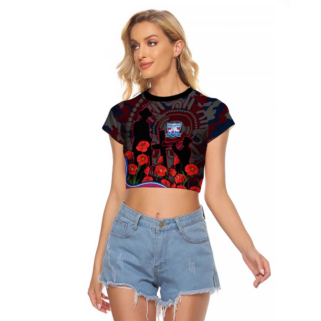 Western Bulldogs ANZAC Day Raglan Cropped T Shirt Indigenous Dot Art with Poppy Flower Tribute