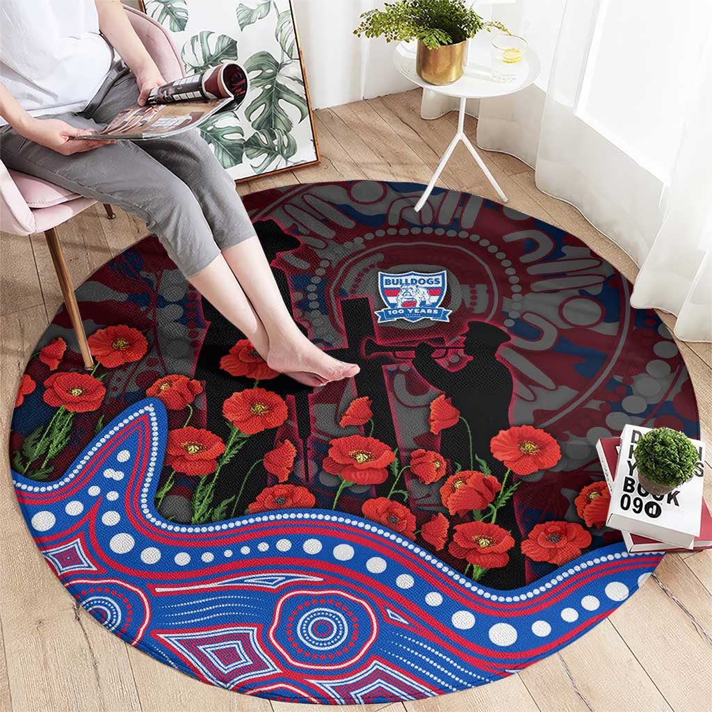 Western Bulldogs ANZAC Day Round Carpet Indigenous Dot Art with Poppy Flower Tribute