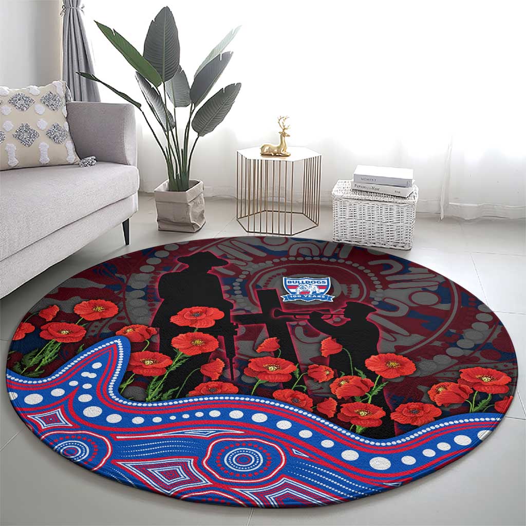 Western Bulldogs ANZAC Day Round Carpet Indigenous Dot Art with Poppy Flower Tribute