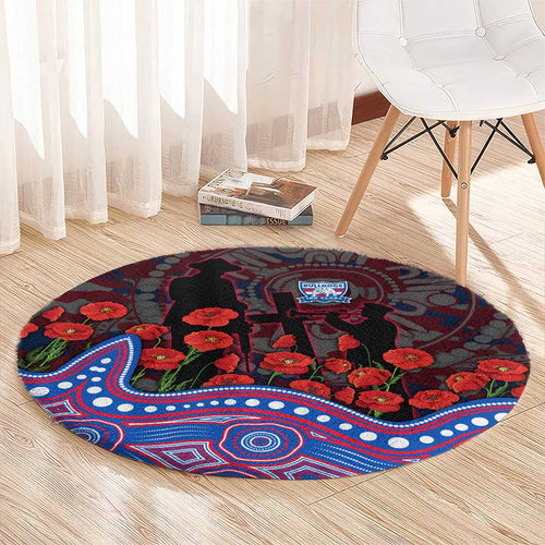 Western Bulldogs ANZAC Day Round Carpet Indigenous Dot Art with Poppy Flower Tribute