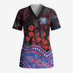 Western Bulldogs ANZAC Day Scrub Top Indigenous Dot Art with Poppy Flower Tribute