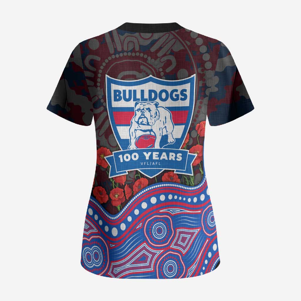 Western Bulldogs ANZAC Day Scrub Top Indigenous Dot Art with Poppy Flower Tribute