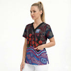 Western Bulldogs ANZAC Day Scrub Top Indigenous Dot Art with Poppy Flower Tribute