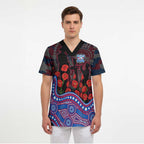 Western Bulldogs ANZAC Day Scrub Top Indigenous Dot Art with Poppy Flower Tribute