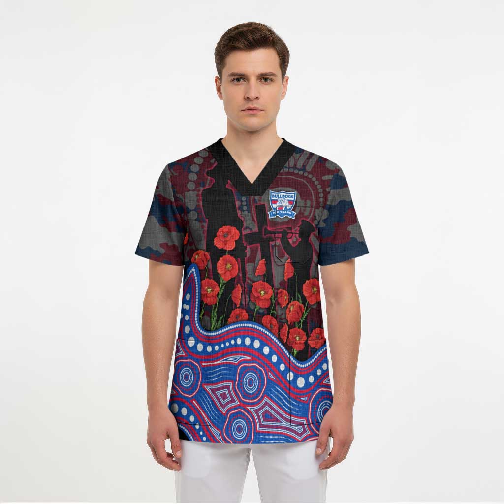 Western Bulldogs ANZAC Day Scrub Top Indigenous Dot Art with Poppy Flower Tribute