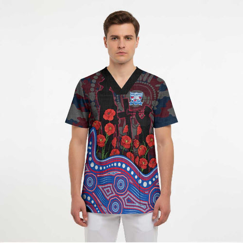 Western Bulldogs ANZAC Day Scrub Top Indigenous Dot Art with Poppy Flower Tribute