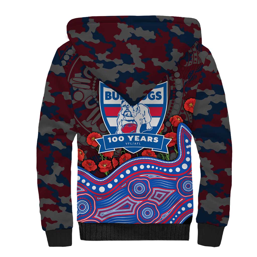 Western Bulldogs ANZAC Day Sherpa Hoodie Indigenous Dot Art with Poppy Flower Tribute
