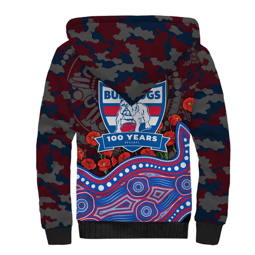 Western Bulldogs ANZAC Day Sherpa Hoodie Indigenous Dot Art with Poppy Flower Tribute