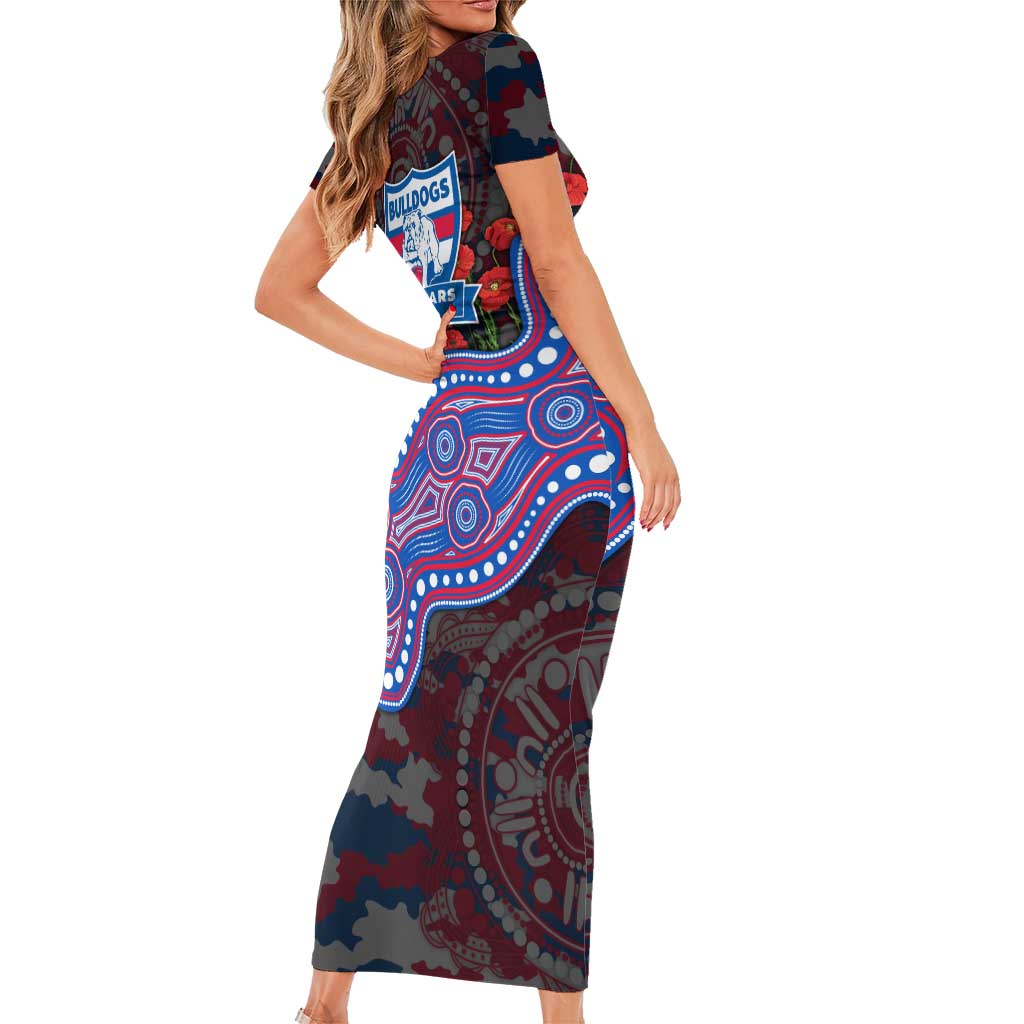 Western Bulldogs ANZAC Day Short Sleeve Bodycon Dress Indigenous Dot Art with Poppy Flower Tribute
