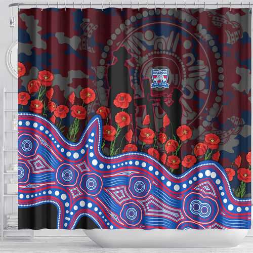 Western Bulldogs ANZAC Day Shower Curtain Indigenous Dot Art with Poppy Flower Tribute