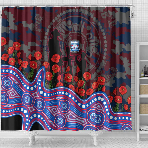 Western Bulldogs ANZAC Day Shower Curtain Indigenous Dot Art with Poppy Flower Tribute