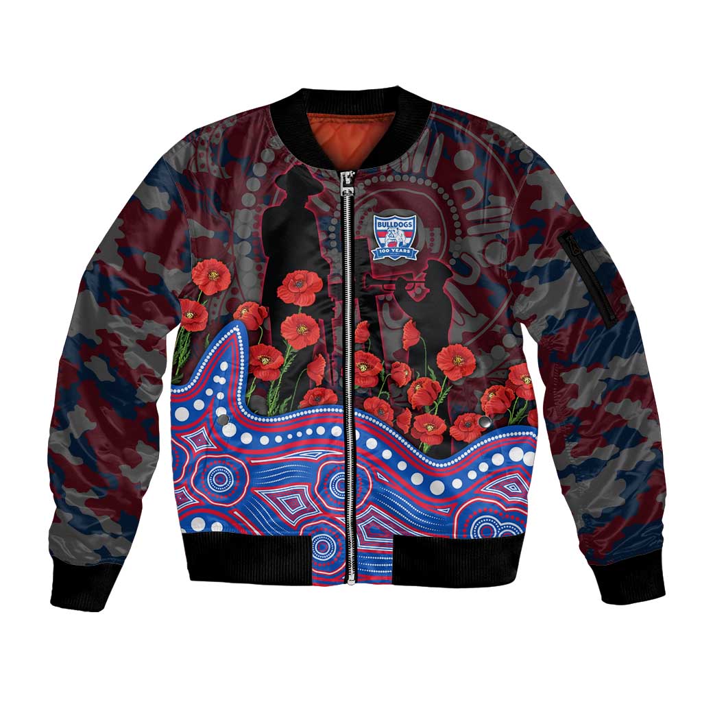 Western Bulldogs ANZAC Day Sleeve Zip Bomber Jacket Indigenous Dot Art with Poppy Flower Tribute