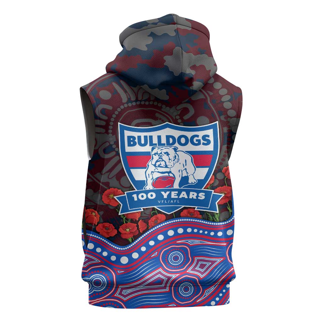 Western Bulldogs ANZAC Day Sleeveless Hoodie Indigenous Dot Art with Poppy Flower Tribute