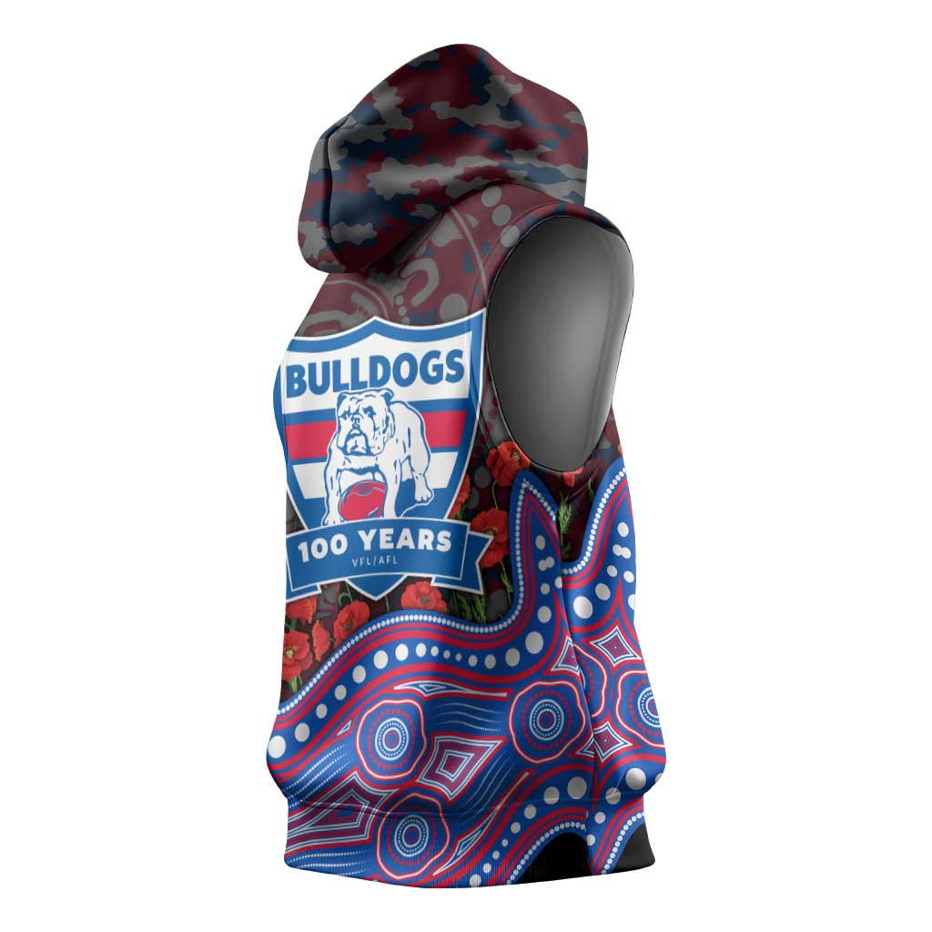 Western Bulldogs ANZAC Day Sleeveless Hoodie Indigenous Dot Art with Poppy Flower Tribute