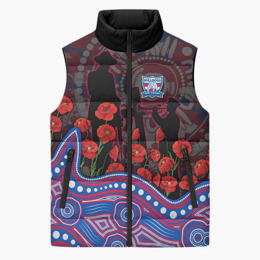 Western Bulldogs ANZAC Day Sleeveless Puffer Jacket Indigenous Dot Art with Poppy Flower Tribute