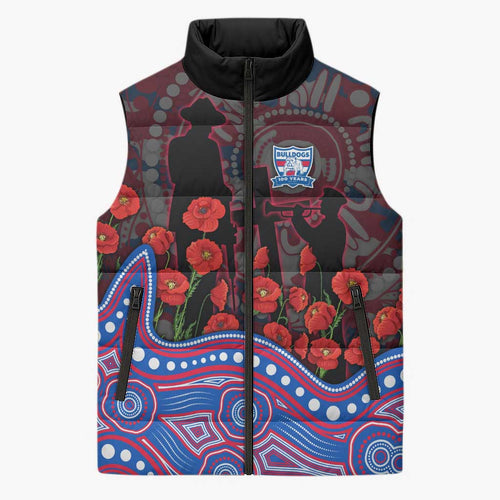Western Bulldogs ANZAC Day Sleeveless Puffer Jacket Indigenous Dot Art with Poppy Flower Tribute