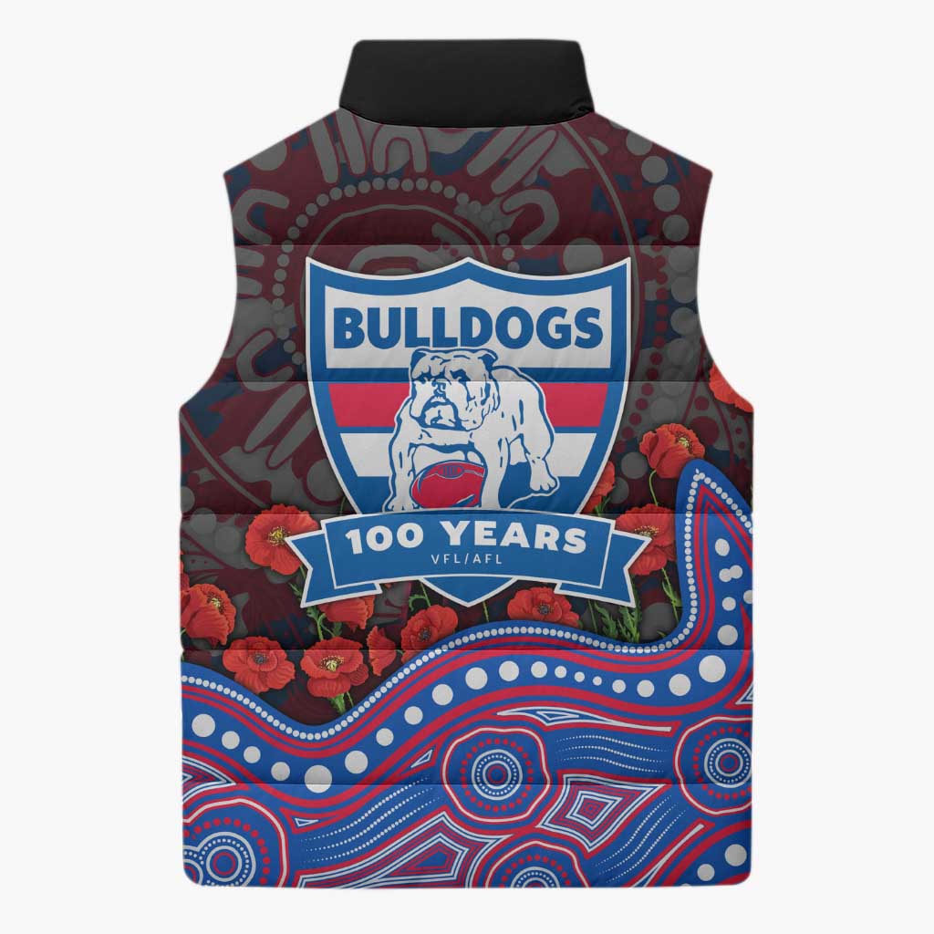 Western Bulldogs ANZAC Day Sleeveless Puffer Jacket Indigenous Dot Art with Poppy Flower Tribute