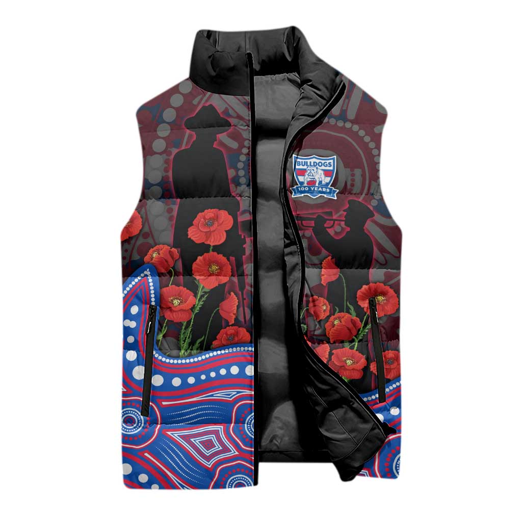 Western Bulldogs ANZAC Day Sleeveless Puffer Jacket Indigenous Dot Art with Poppy Flower Tribute