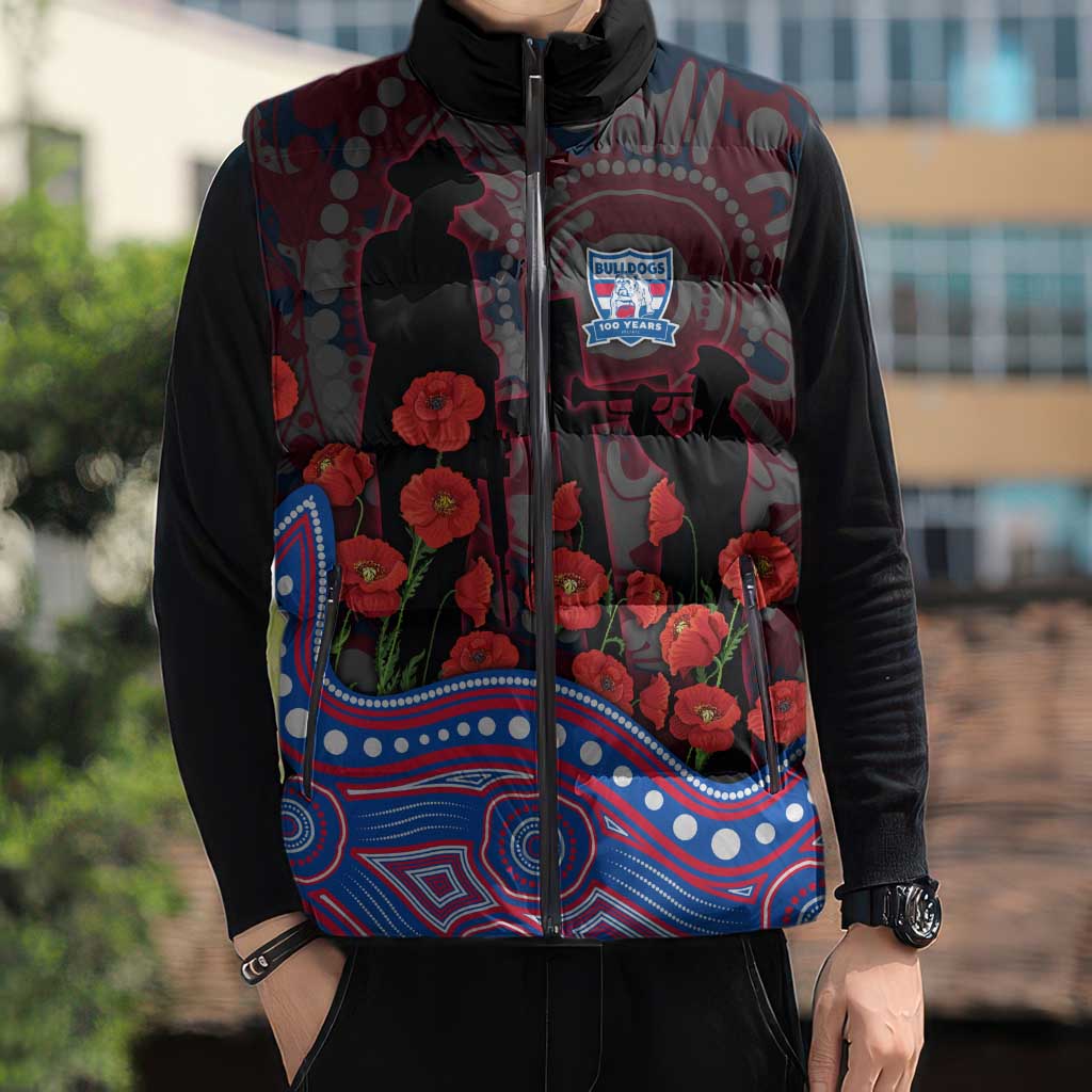 Western Bulldogs ANZAC Day Sleeveless Puffer Jacket Indigenous Dot Art with Poppy Flower Tribute