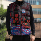 Western Bulldogs ANZAC Day Sleeveless Puffer Jacket Indigenous Dot Art with Poppy Flower Tribute