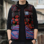 Western Bulldogs ANZAC Day Sleeveless Puffer Jacket Indigenous Dot Art with Poppy Flower Tribute