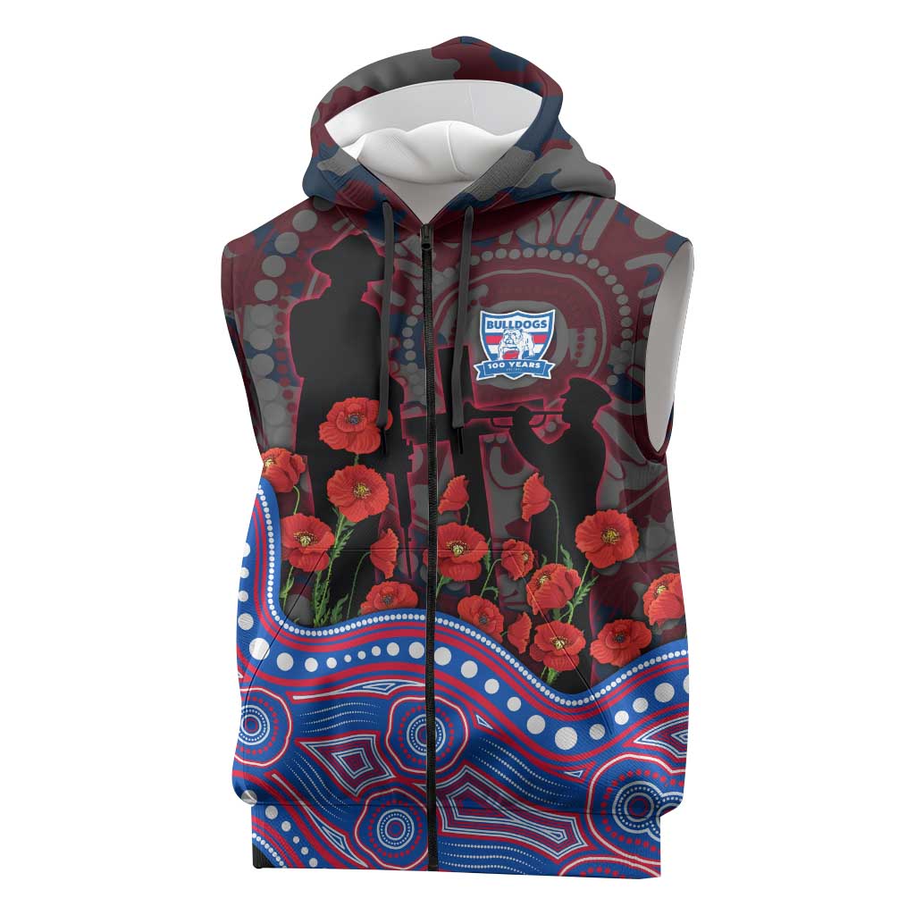 Western Bulldogs ANZAC Day Sleeveless Zip Hoodie Indigenous Dot Art with Poppy Flower Tribute