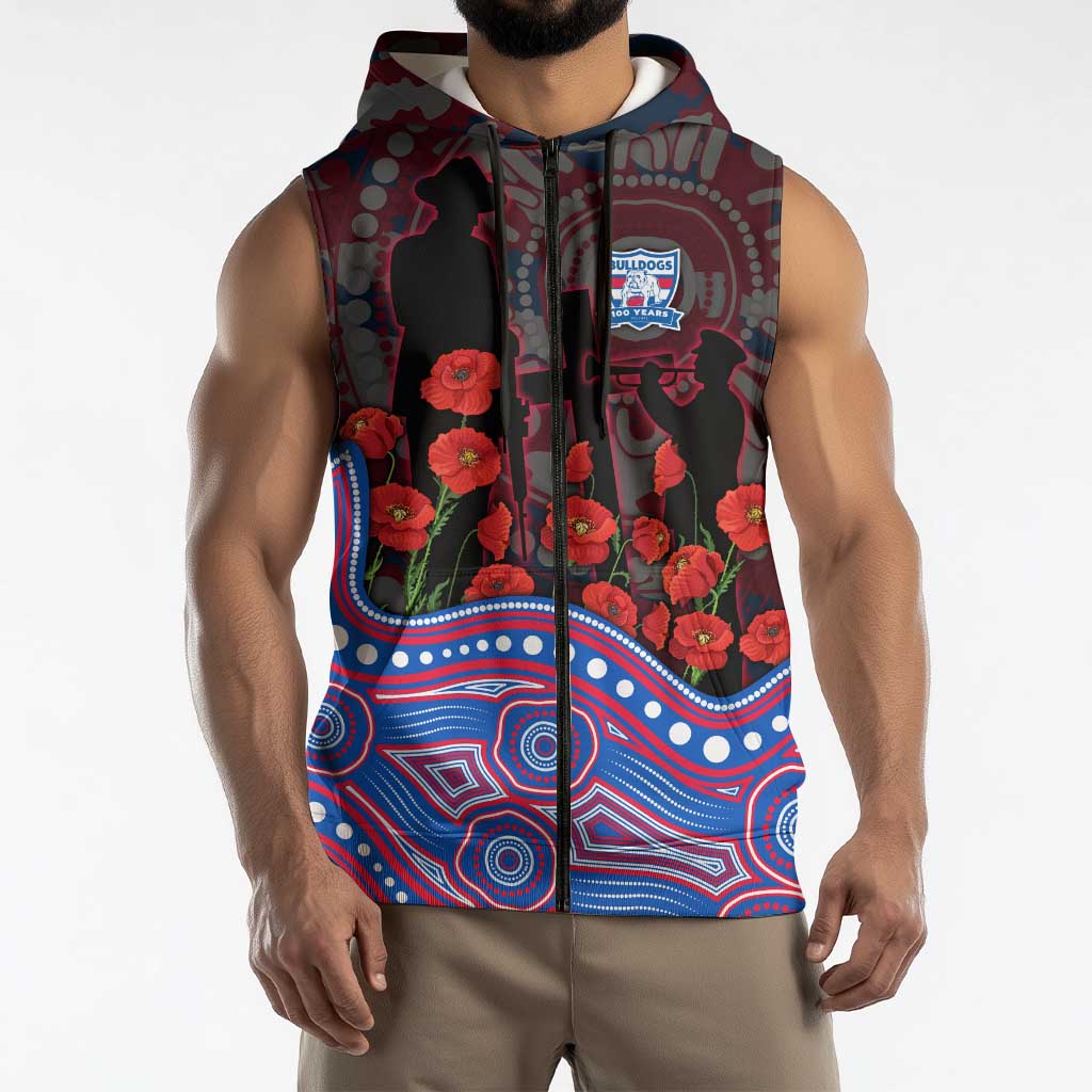 Western Bulldogs ANZAC Day Sleeveless Zip Hoodie Indigenous Dot Art with Poppy Flower Tribute