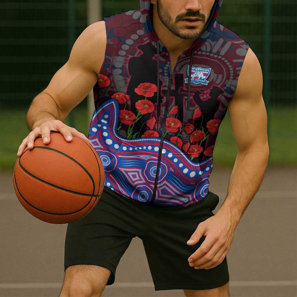 Western Bulldogs ANZAC Day Sleeveless Zip Hoodie Indigenous Dot Art with Poppy Flower Tribute
