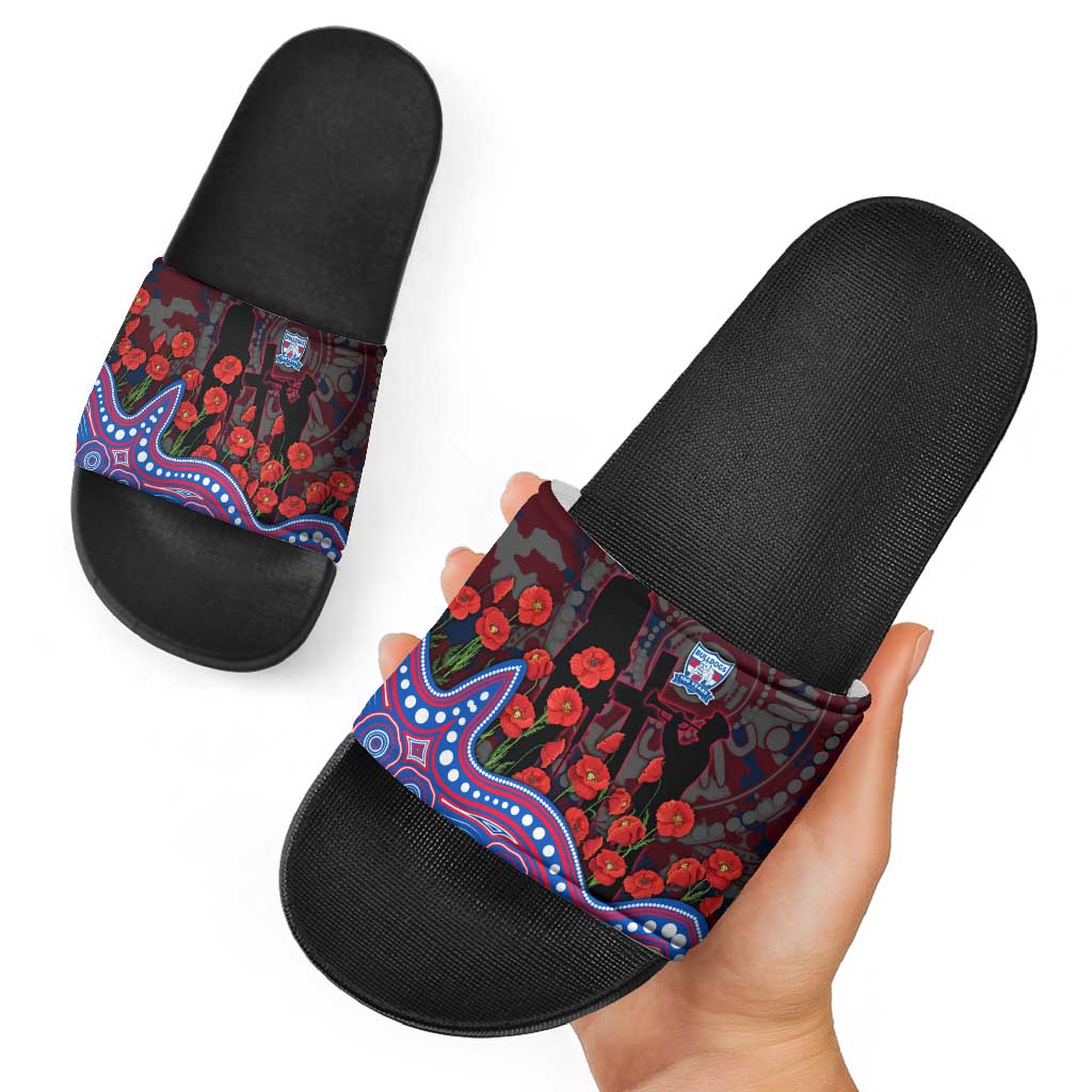 Western Bulldogs ANZAC Day Slide Sandals Indigenous Dot Art with Poppy Flower Tribute