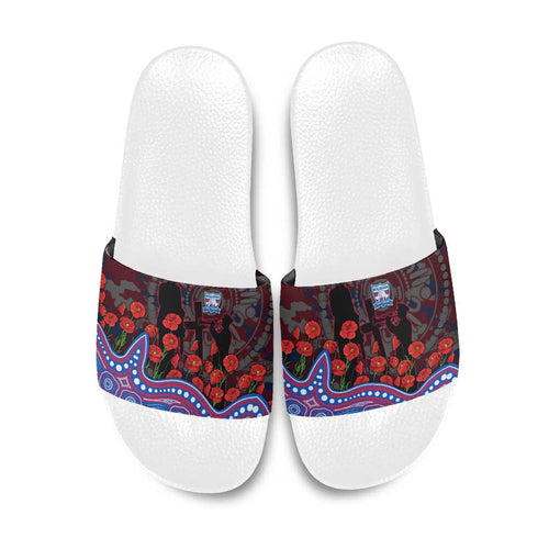 Western Bulldogs ANZAC Day Slide Sandals Indigenous Dot Art with Poppy Flower Tribute