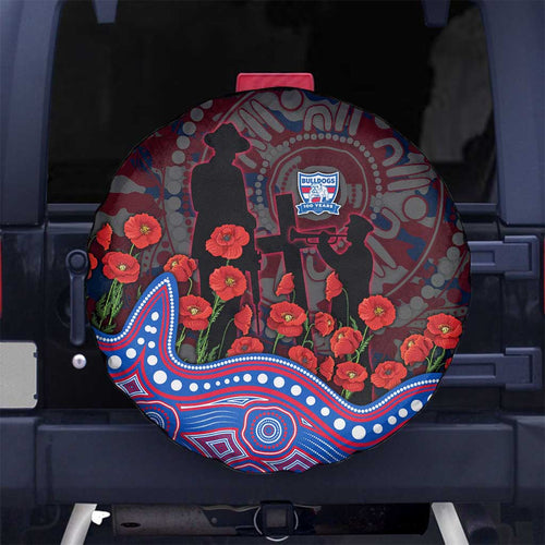 Western Bulldogs ANZAC Day Spare Tire Cover Indigenous Dot Art with Poppy Flower Tribute