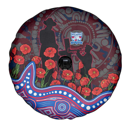Western Bulldogs ANZAC Day Spare Tire Cover Indigenous Dot Art with Poppy Flower Tribute