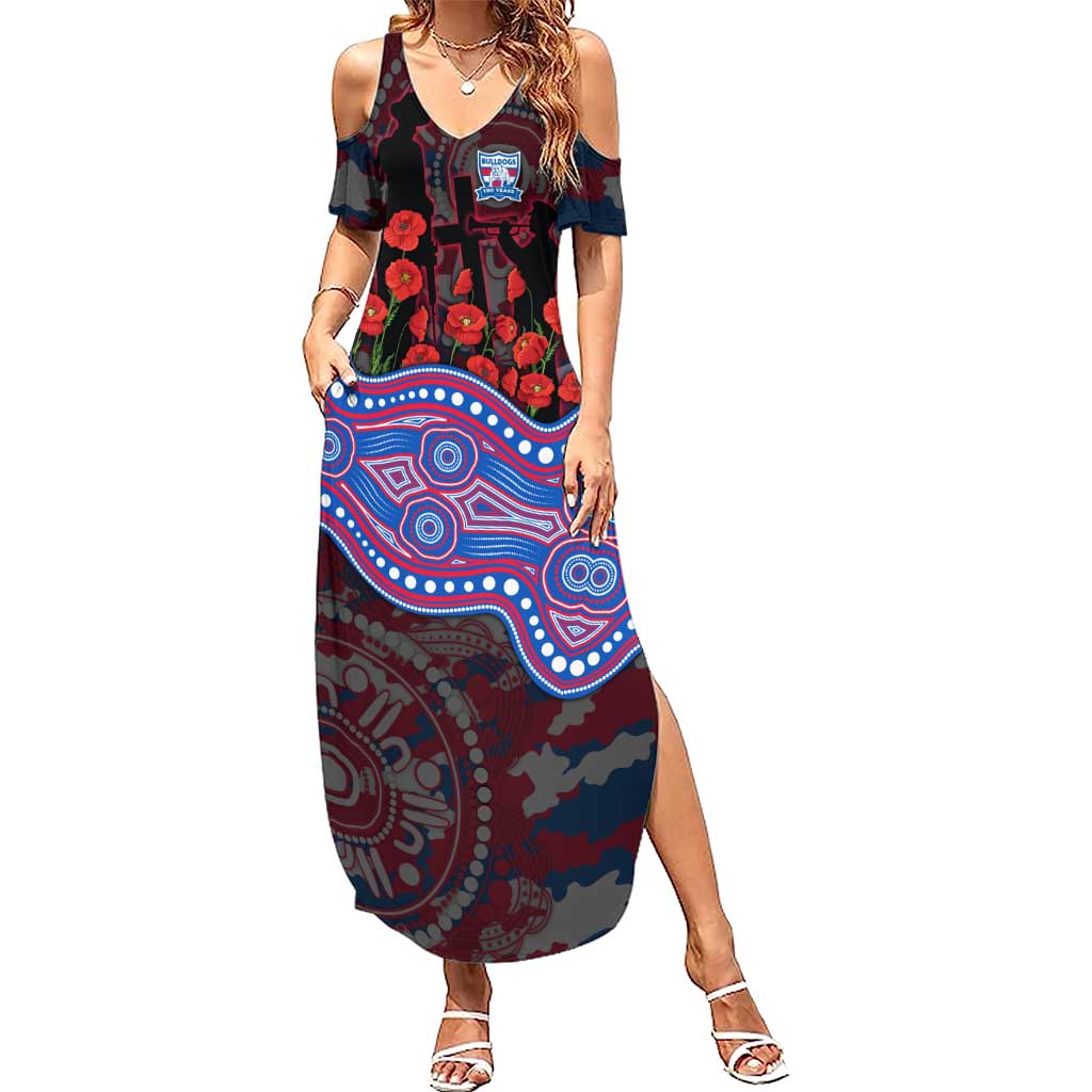 Western Bulldogs ANZAC Day Summer Maxi Dress Indigenous Dot Art with Poppy Flower Tribute