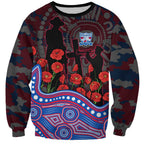Western Bulldogs ANZAC Day Sweatshirt Indigenous Dot Art with Poppy Flower Tribute