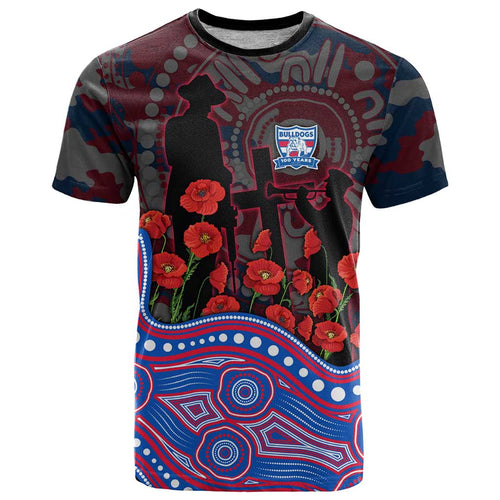 Western Bulldogs ANZAC Day T Shirt Indigenous Dot Art with Poppy Flower Tribute