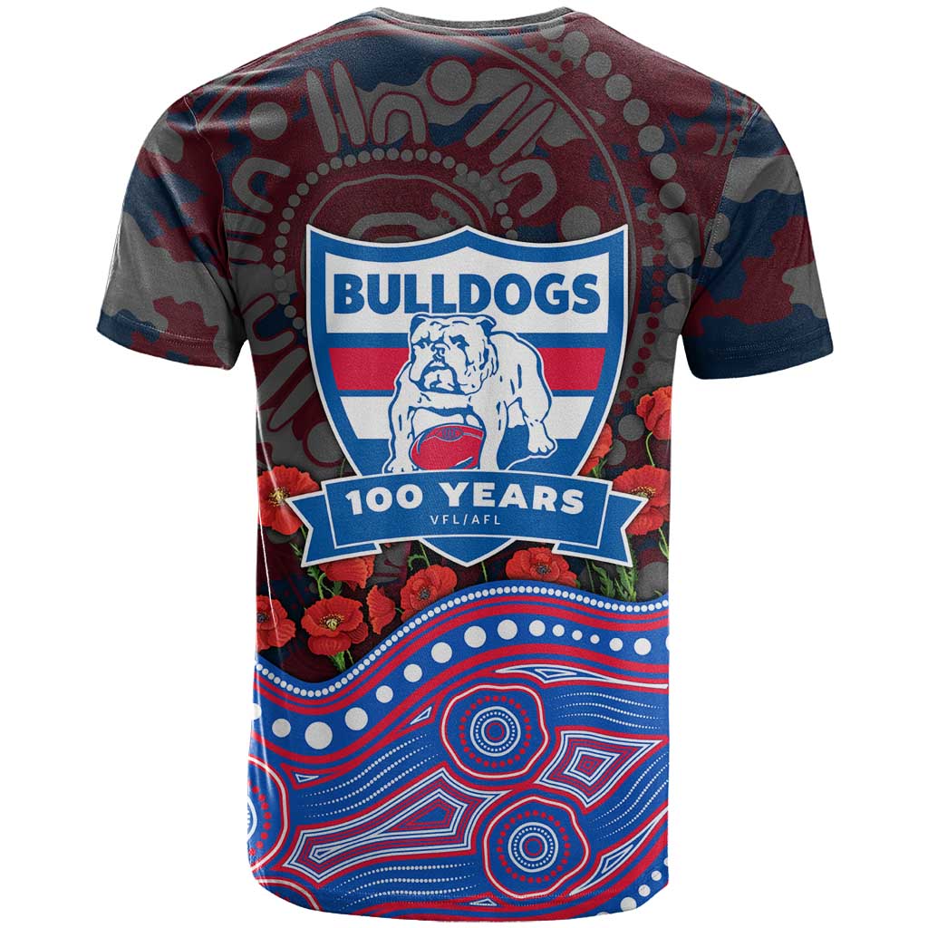 Western Bulldogs ANZAC Day T Shirt Indigenous Dot Art with Poppy Flower Tribute