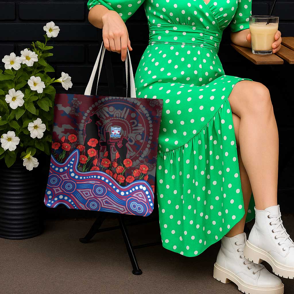 Western Bulldogs ANZAC Day Tote Bag Indigenous Dot Art with Poppy Flower Tribute
