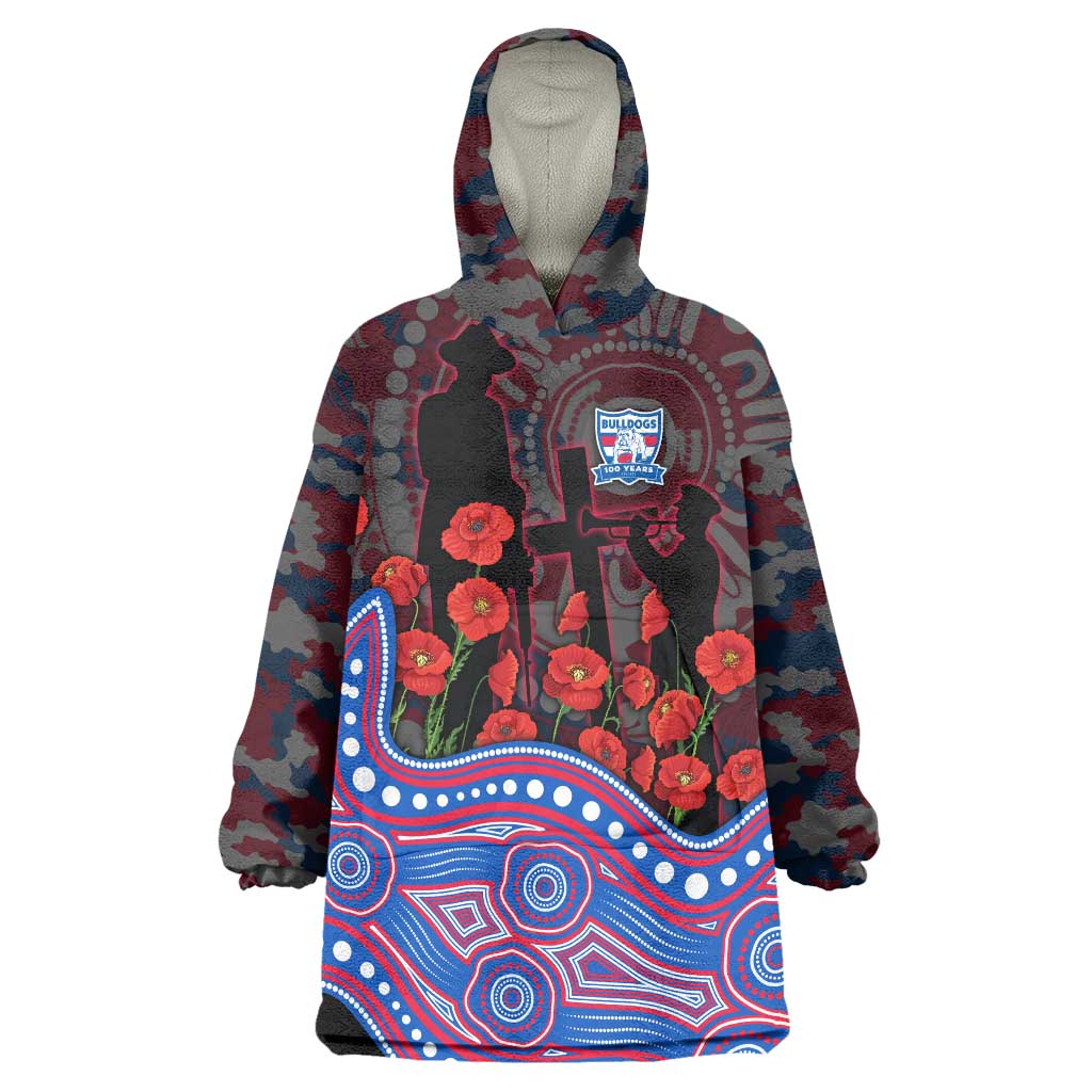 Western Bulldogs ANZAC Day Wearable Blanket Hoodie Indigenous Dot Art with Poppy Flower Tribute